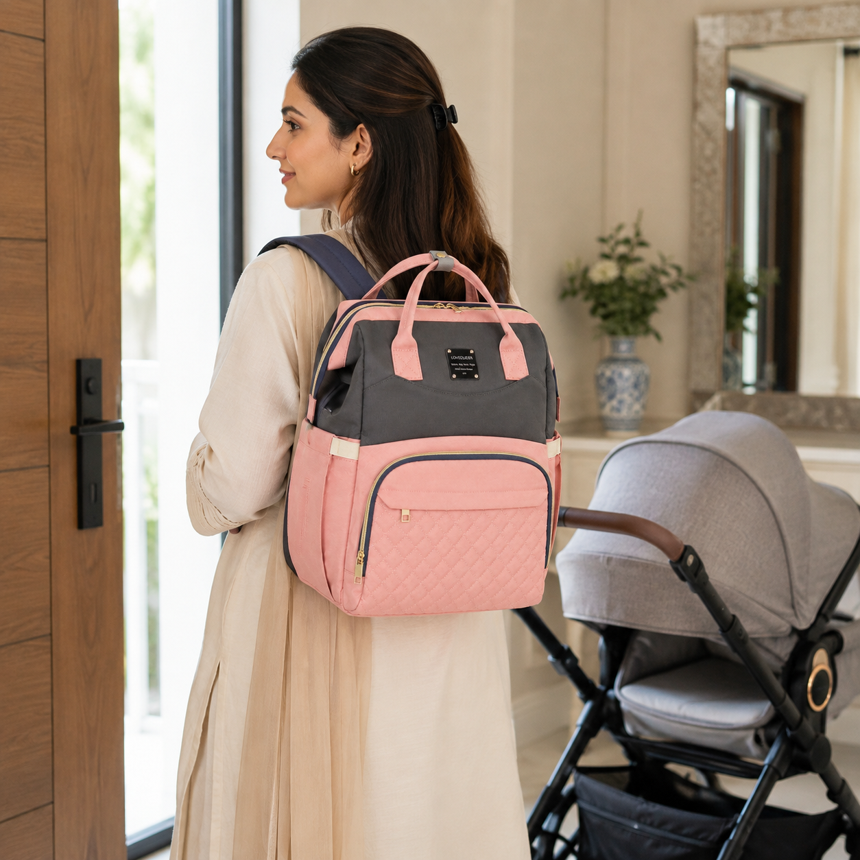 Pakistani mother carrying Comfort Cubz mother and baby backpack