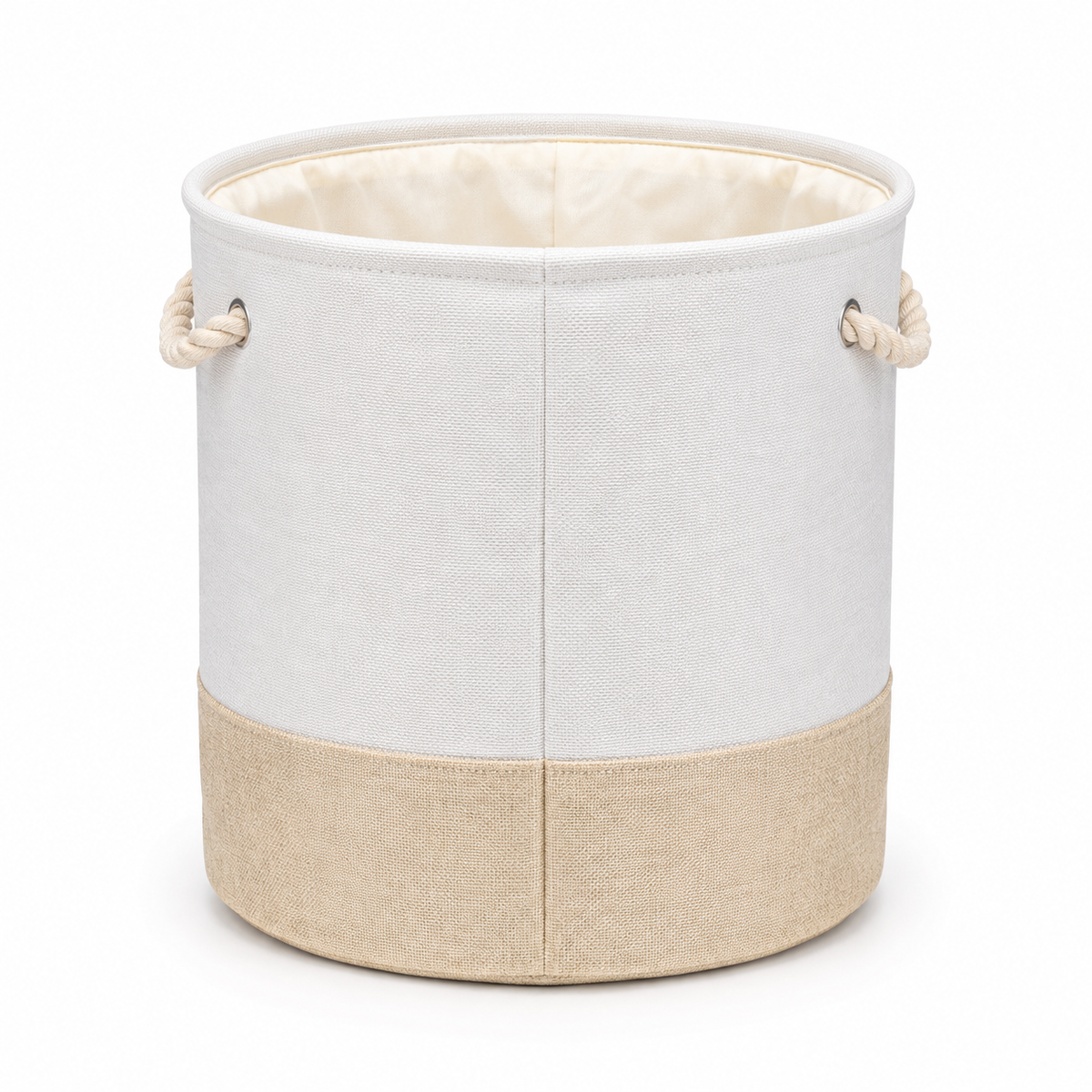 Off-white fabric nursery storage basket back view with rope handles
