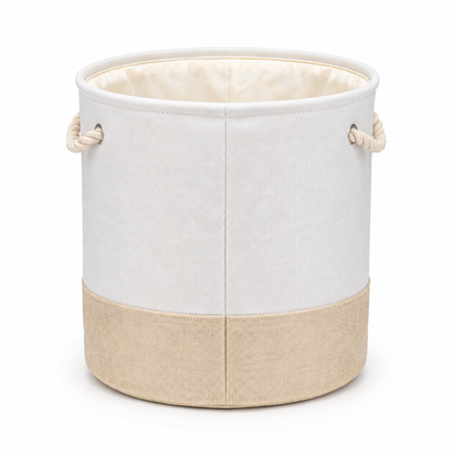 Off-white fabric nursery storage basket back view with rope handles