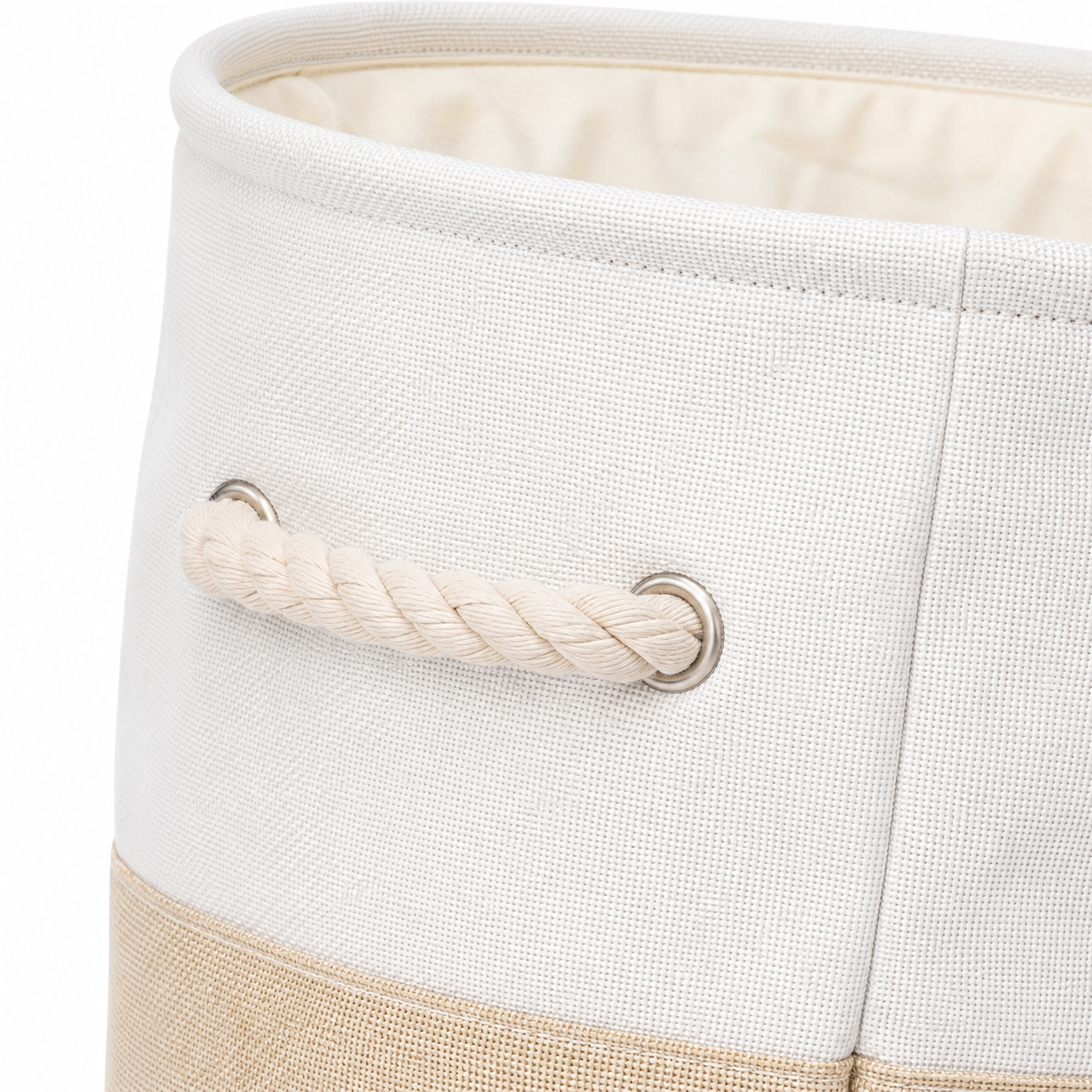 Fabric nursery storage basket rope handle and metal eyelet close-up