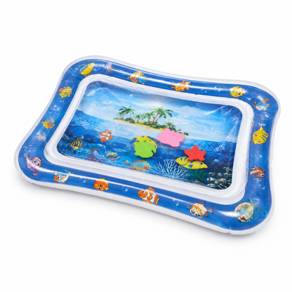 Inflatable ocean tummy time water mat from an elevated angle