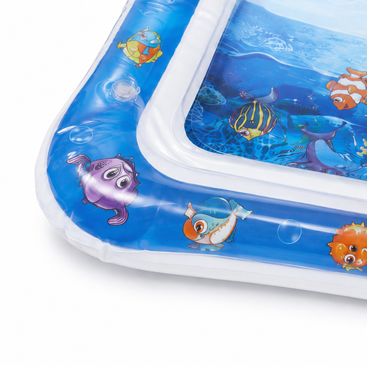 Close-up of padded ocean print border and sealed edge