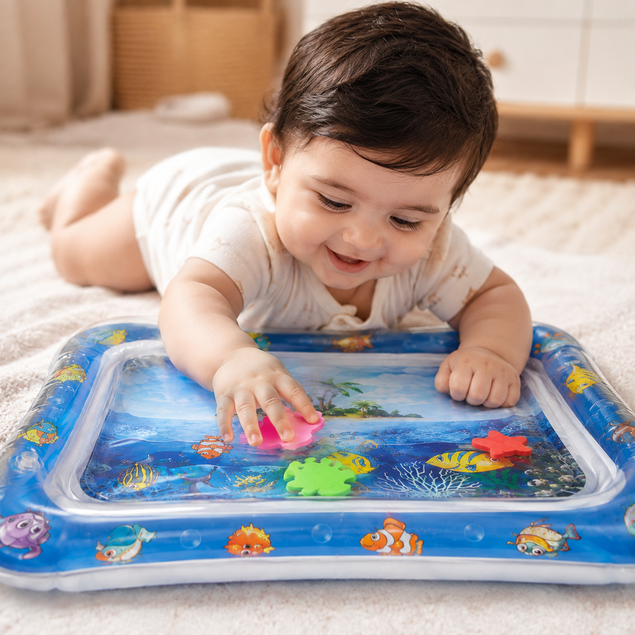 Happy baby enjoying tummy time and playing on an ocean themed water mat