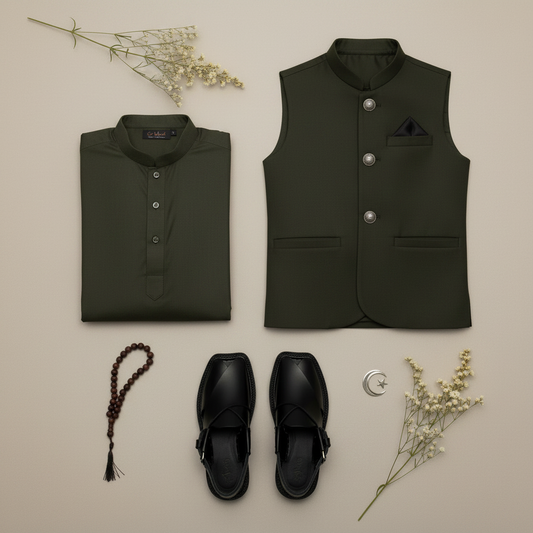 Dark Olive Kurta Waistcoat with Black Peshawari Sandals - Hero Image