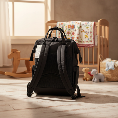 Black baby diaper bag breathable mesh detail