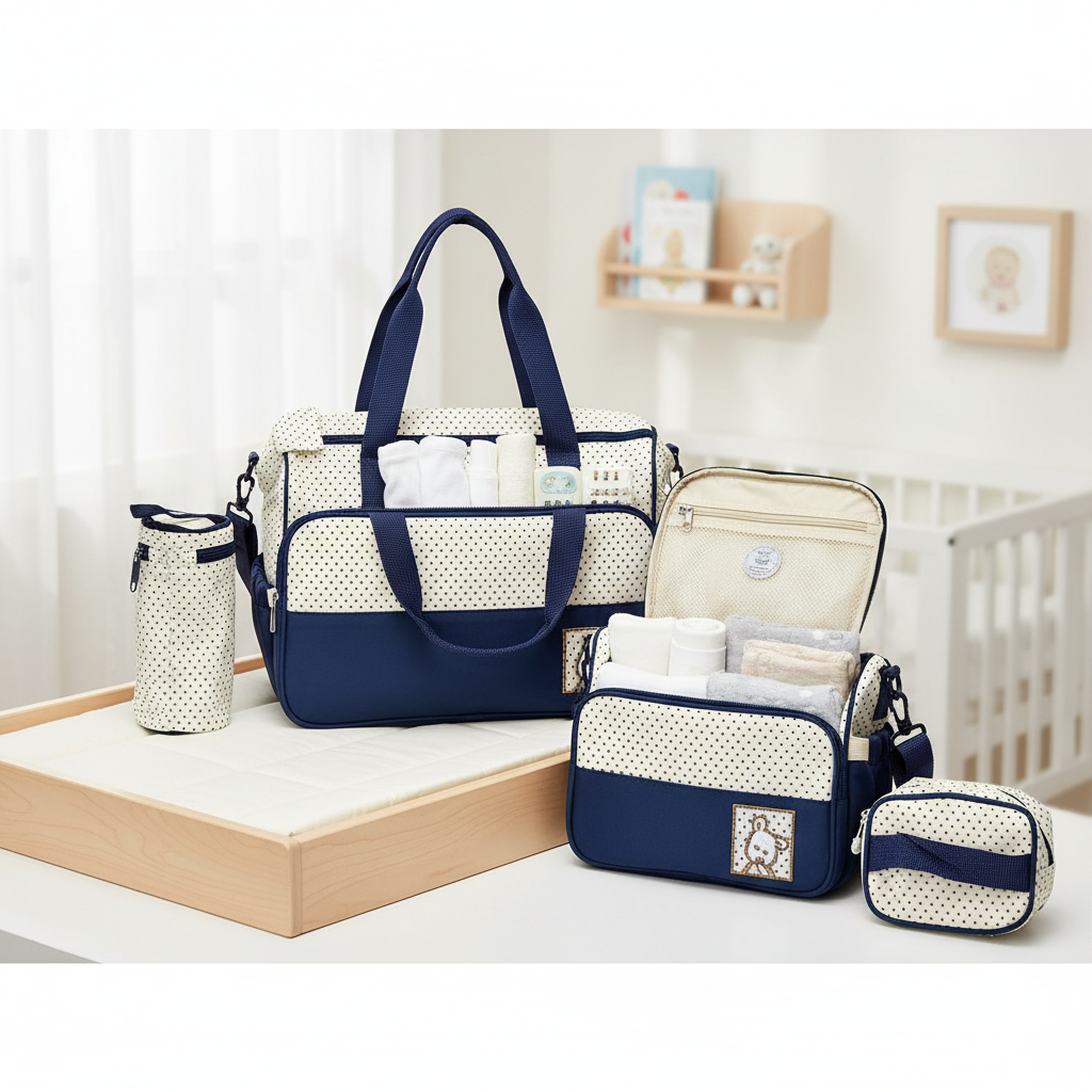 Organized interior of baby diaper bag with accessories