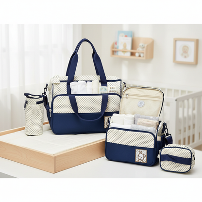 Organized interior of baby diaper bag with accessories