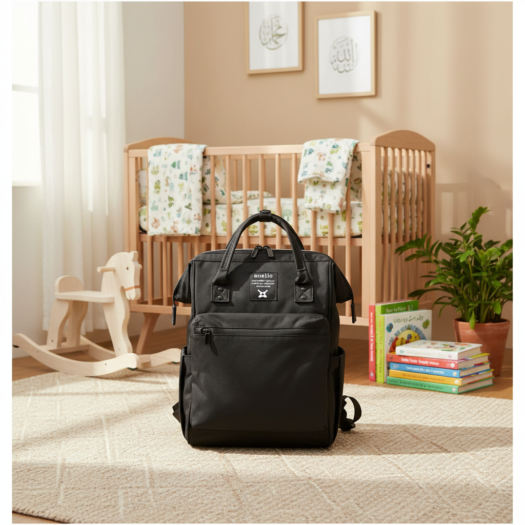 Black baby diaper bag nursery lifestyle image