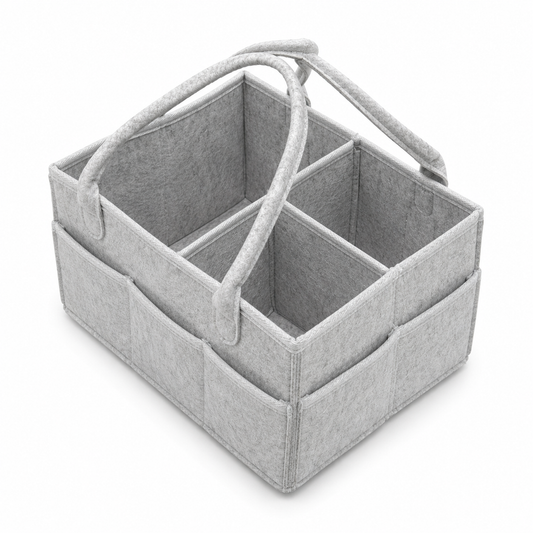 Grey felt baby diaper caddy organizer front three-quarter view on white background