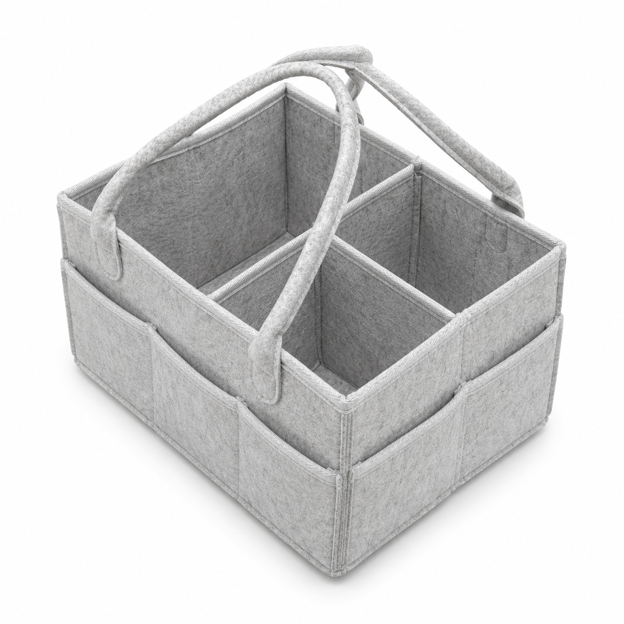 Grey felt baby diaper caddy organizer front three-quarter view on white background