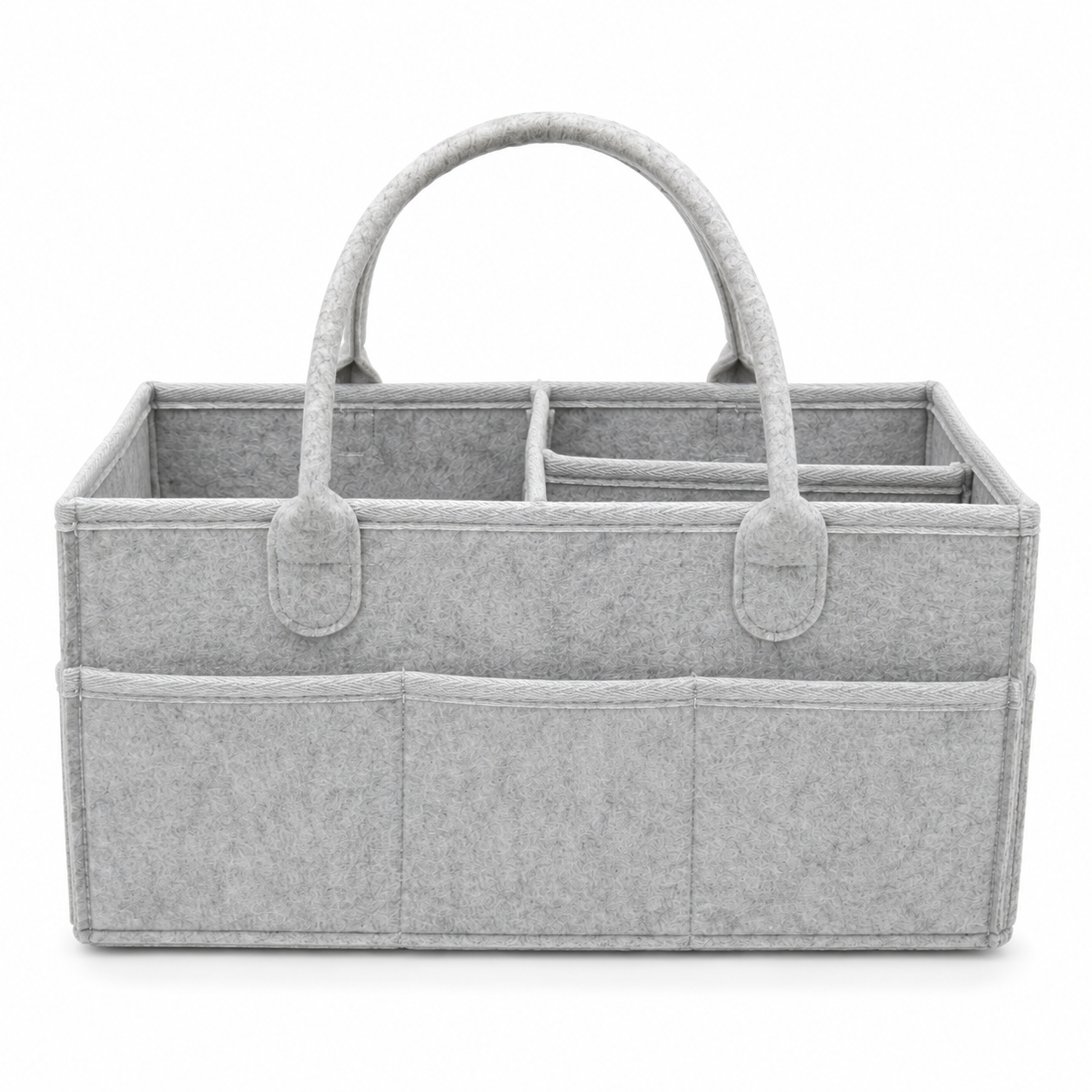 Grey felt baby diaper caddy organizer straight front view on white background