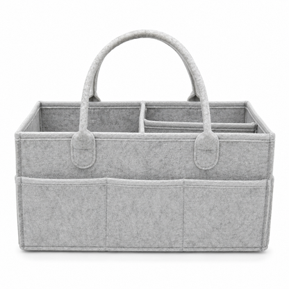 Grey felt baby diaper caddy organizer straight front view on white background