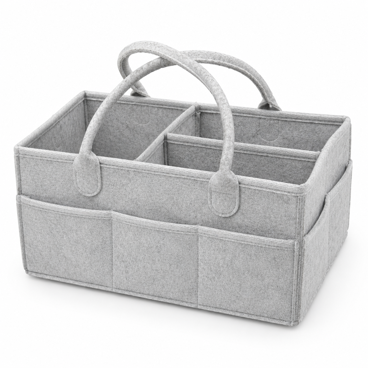 Grey felt baby diaper caddy organizer top angled view with compartments