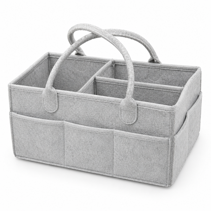 Grey felt baby diaper caddy organizer top angled view with compartments