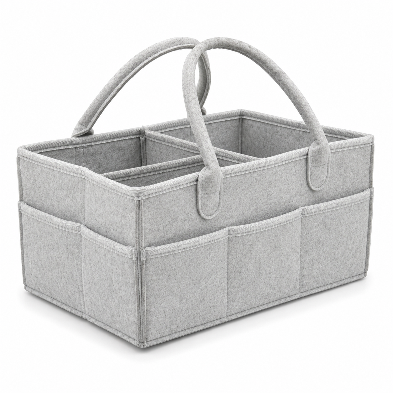 Grey felt baby diaper caddy organizer side angle on white background