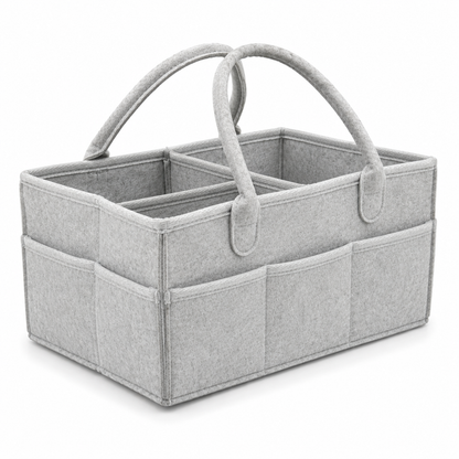 Grey felt baby diaper caddy organizer side angle on white background