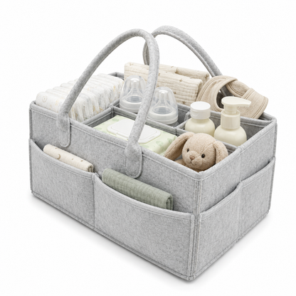 Grey felt baby diaper caddy organizer storage capacity with baby essentials