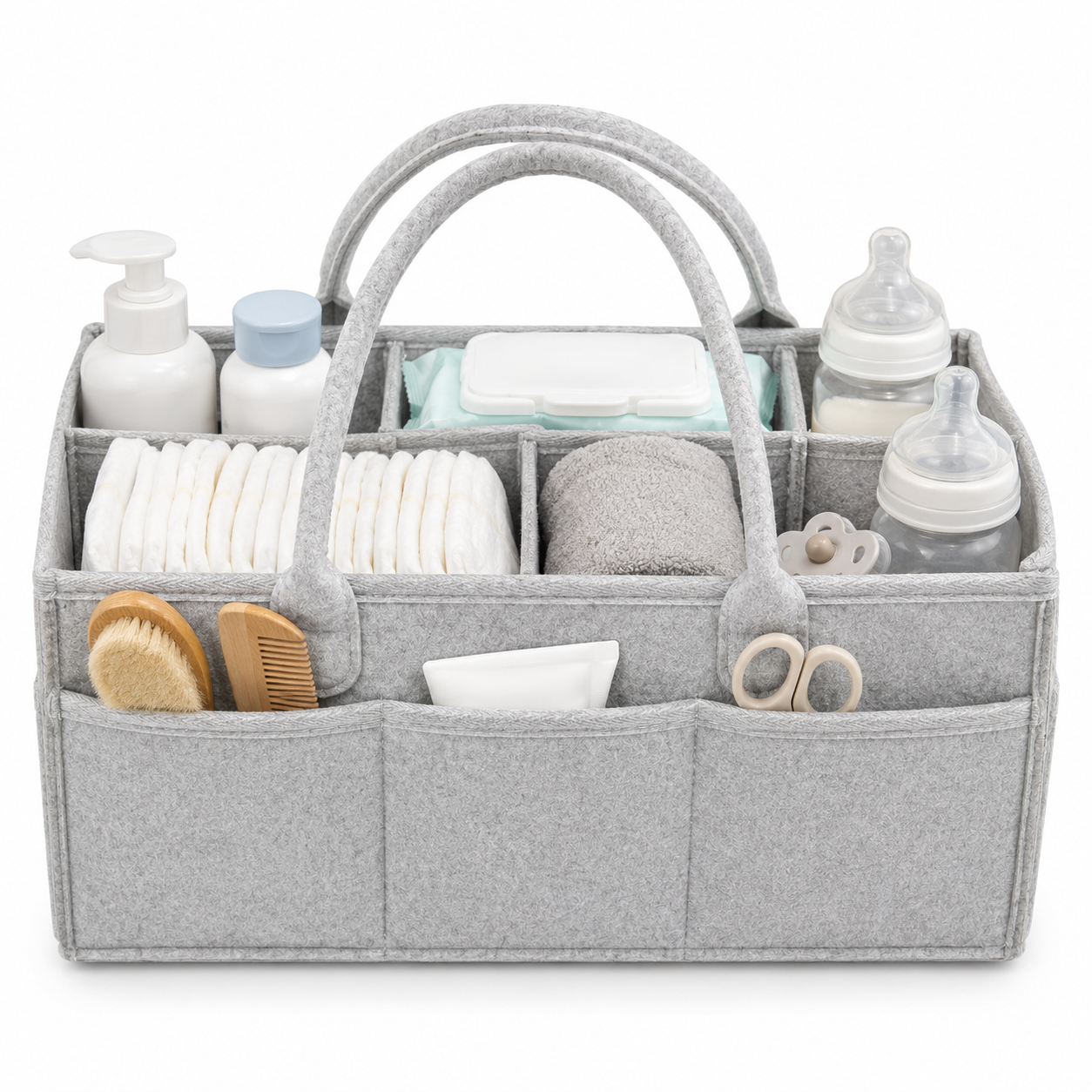 Grey felt baby diaper caddy organizer with baby essentials displayed