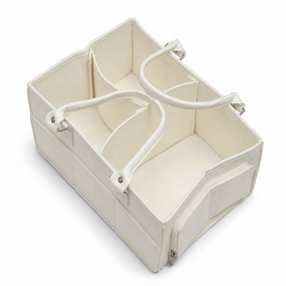 Ivory felt baby diaper caddy organizer top angled view showing divided sections