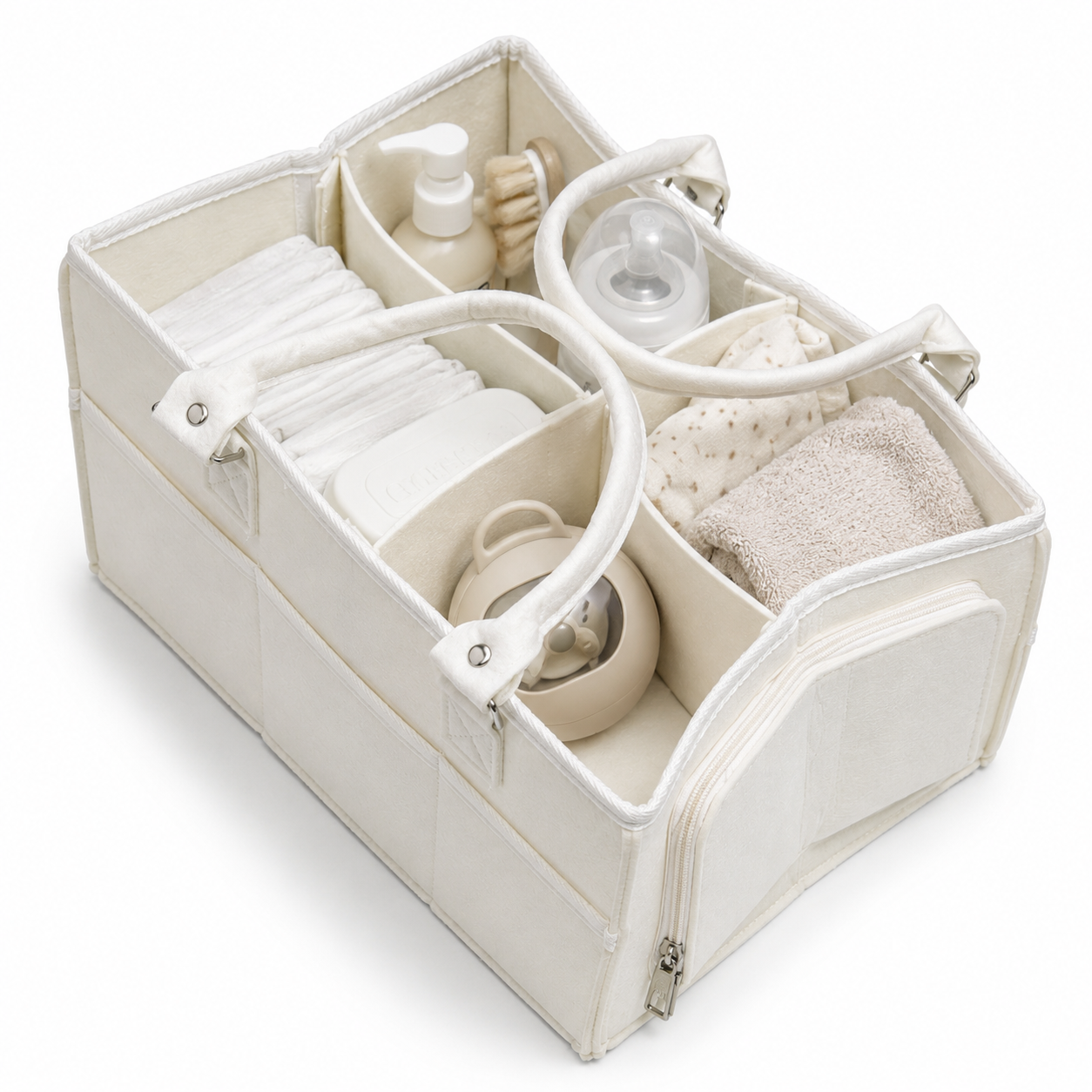 Ivory felt baby diaper caddy organizer angled product shot on white background