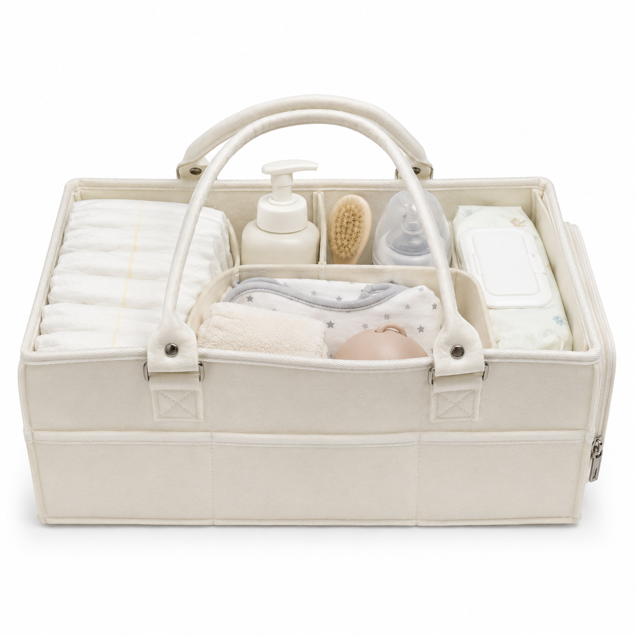 Ivory felt baby diaper caddy organizer top view with organized baby essentials