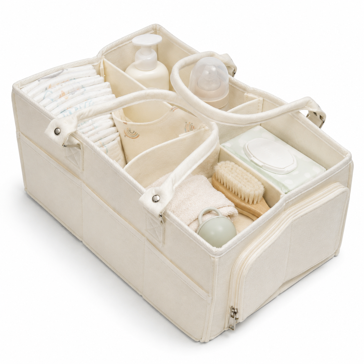 Ivory felt baby diaper caddy organizer filled product display with baby care essentials