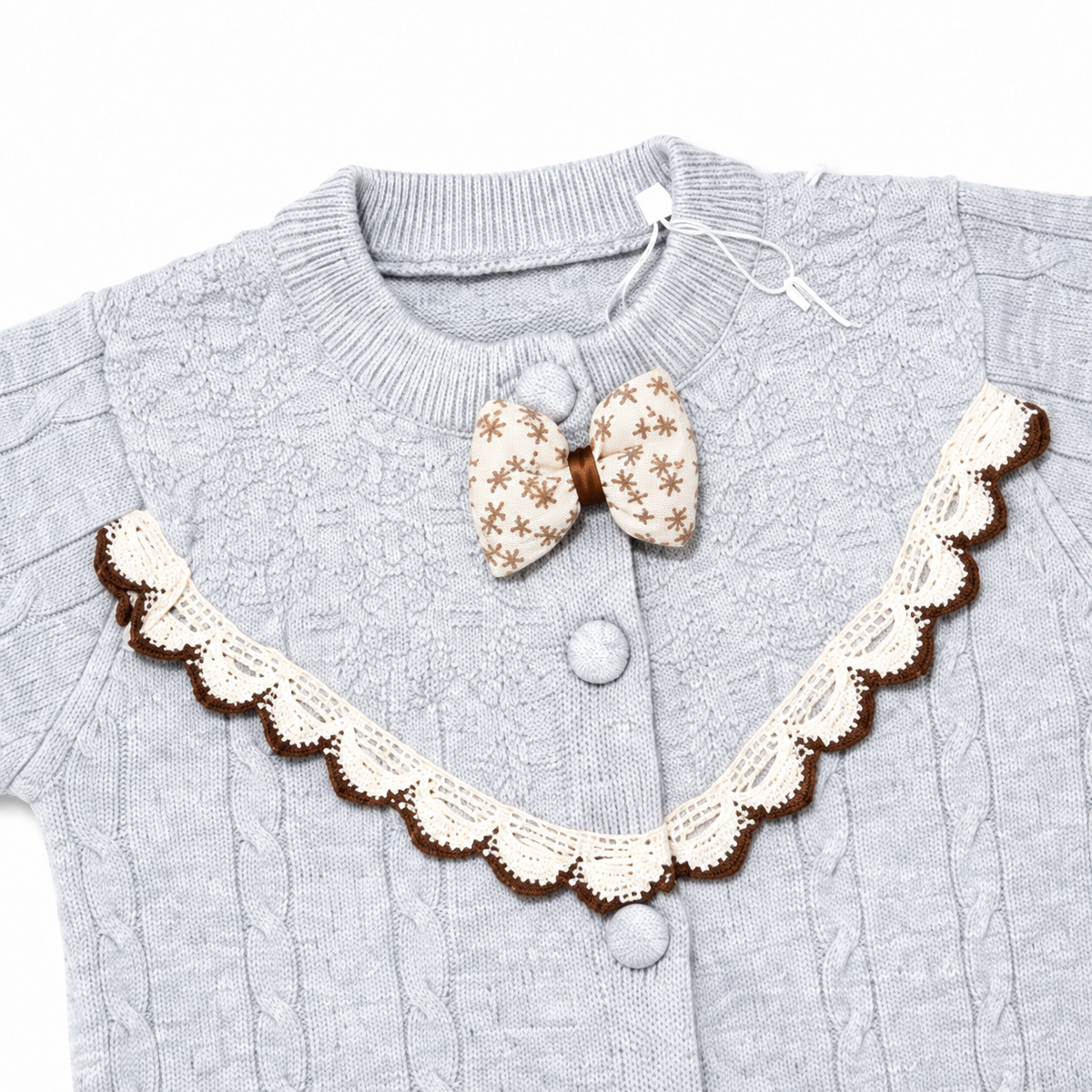 Gray cable knit baby romper scalloped bib bow and button detail