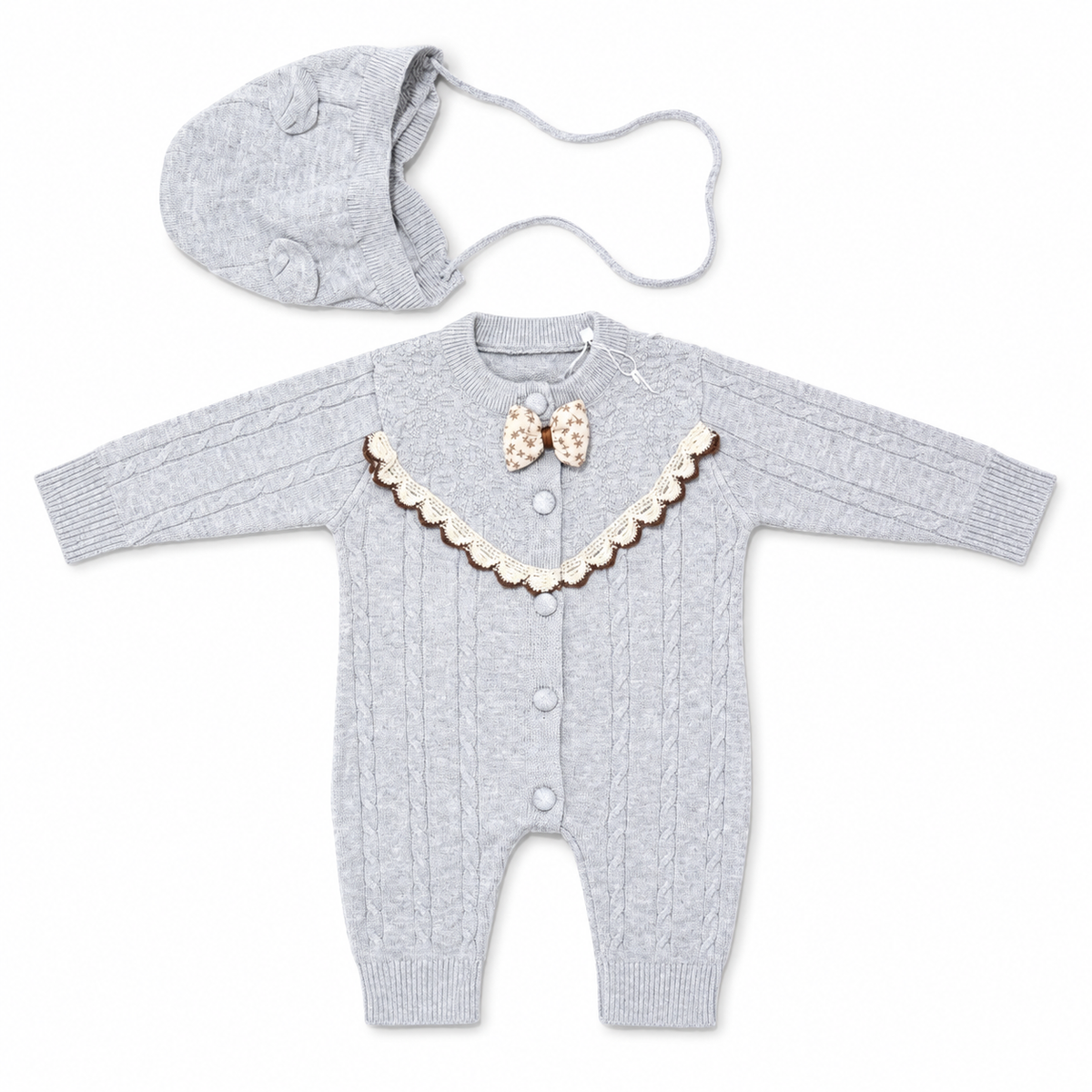 Gray cable knit baby romper set with matching bonnet front hero view