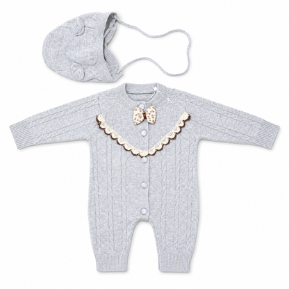 Gray cable knit baby romper set with matching bonnet front hero view