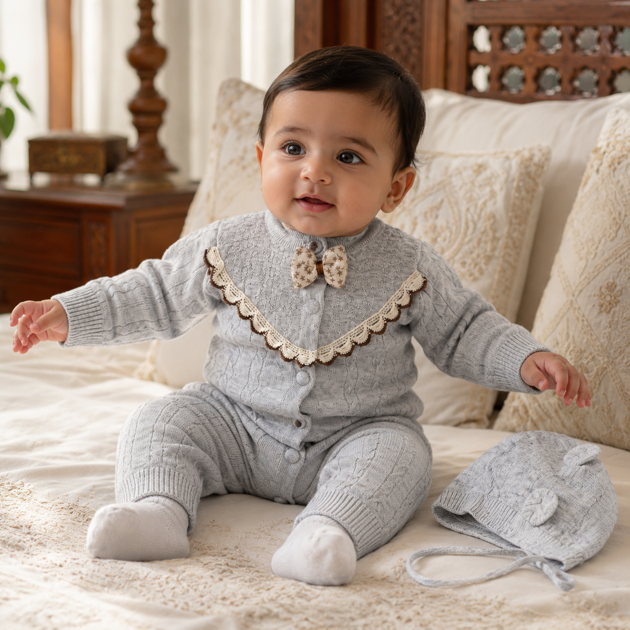 Baby wearing gray cable knit romper set in a warm Pakistani home setting