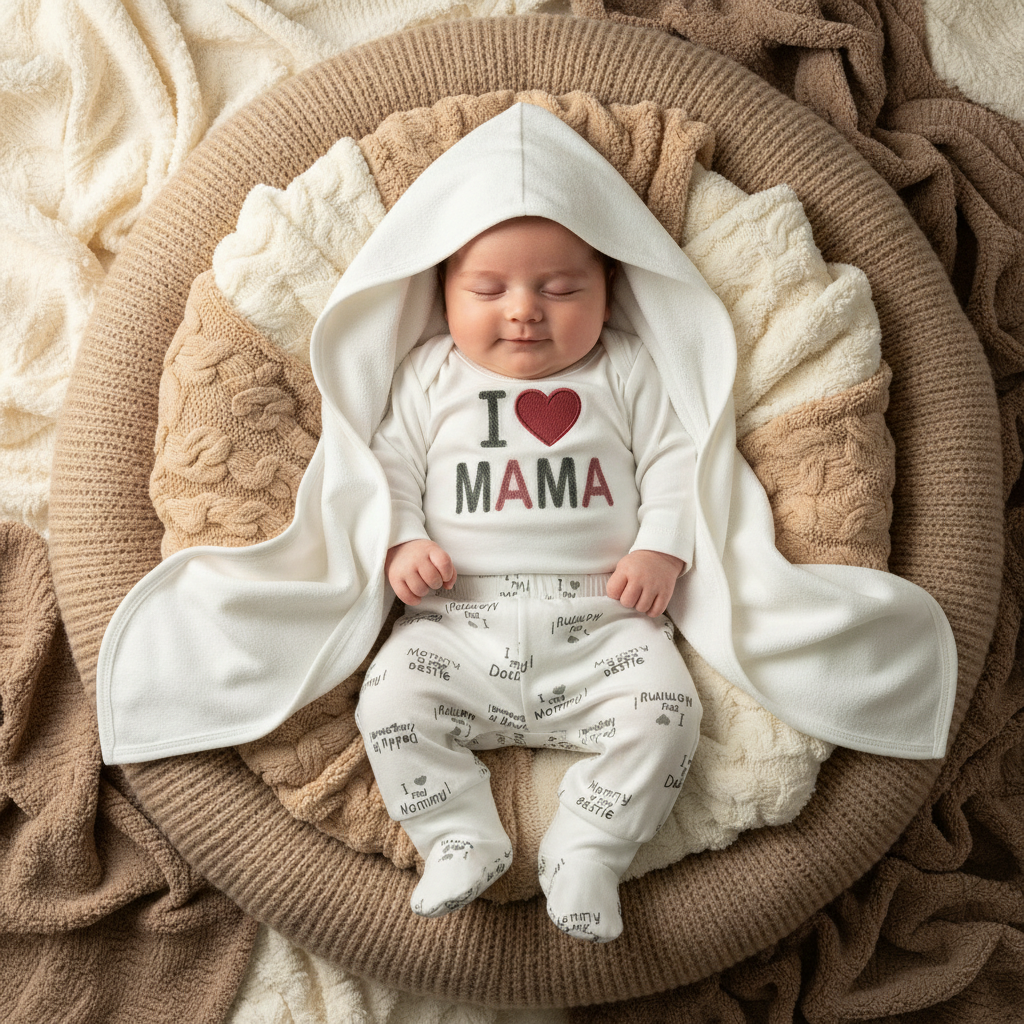 Baby wearing a 'I ❤️ MAMA' shirt, surrounded by soft textures