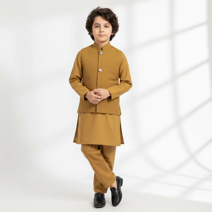 Boys Camel Brown Kurta Shalwar with Waistcoat & Gray Kaptaan Chappal