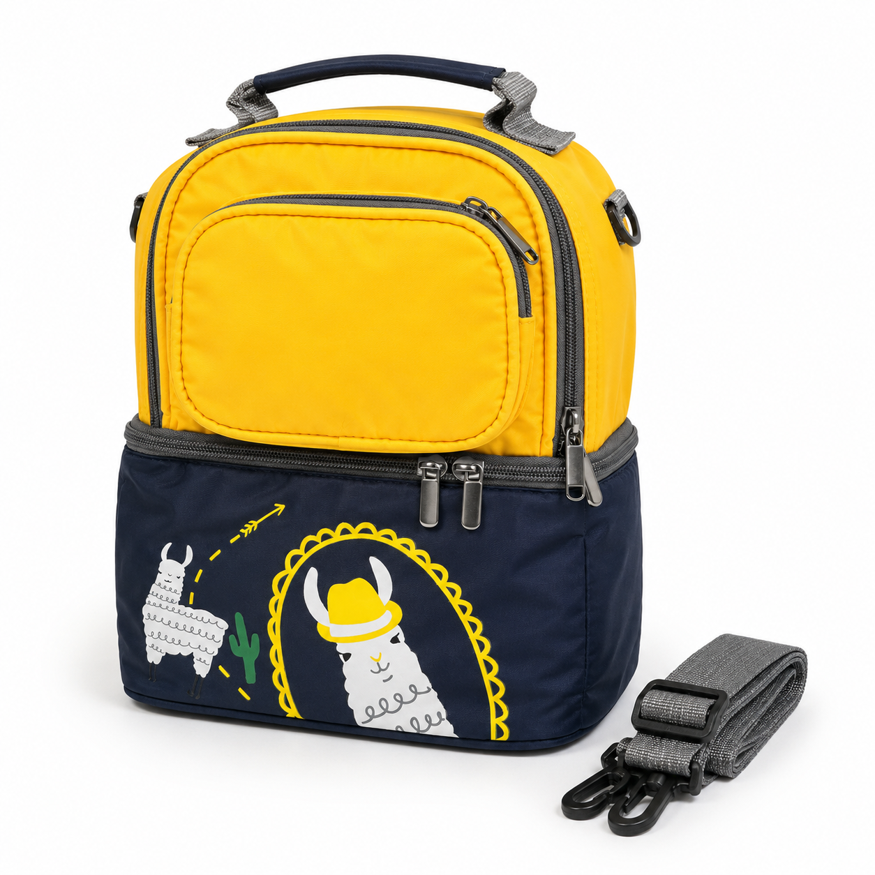 Yellow and navy insulated lunch carry bag with llama print front product photo on white background