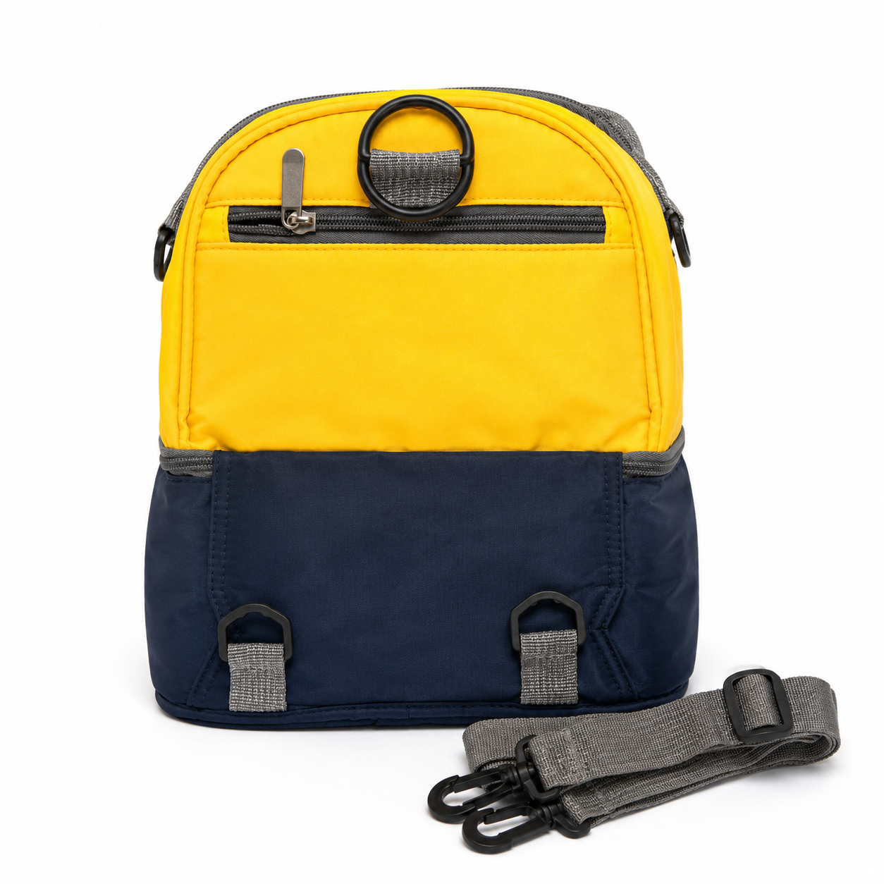 Yellow and navy insulated lunch carry bag back view with strap on white background