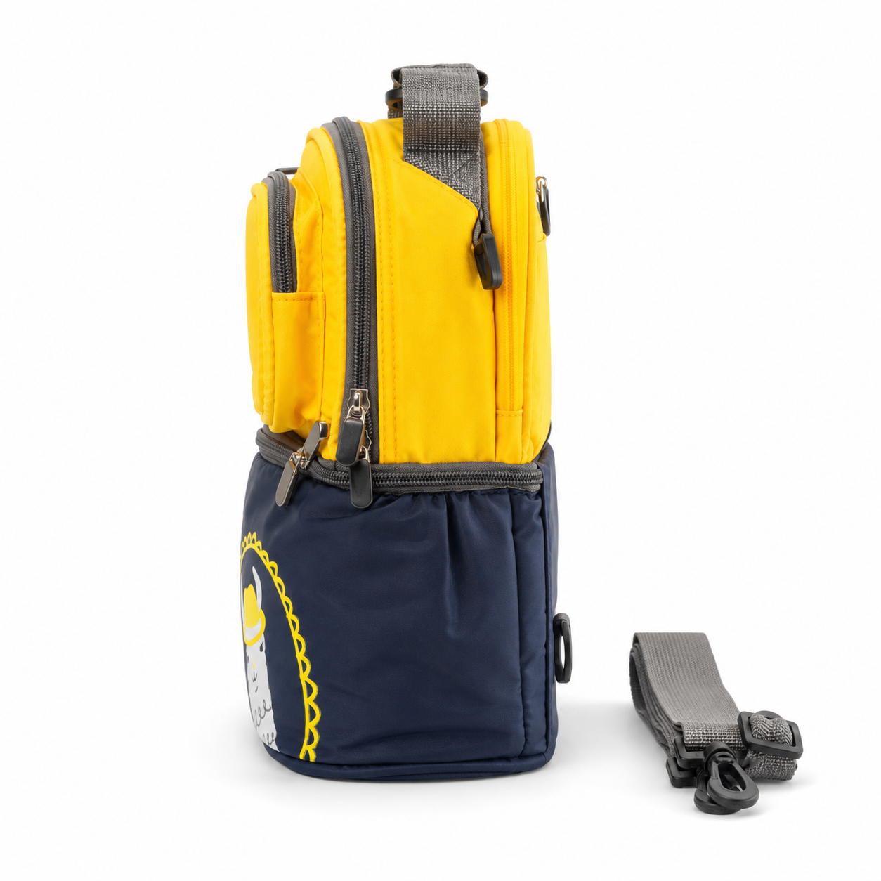 Yellow and navy insulated lunch carry bag angled catalog product photo on white background