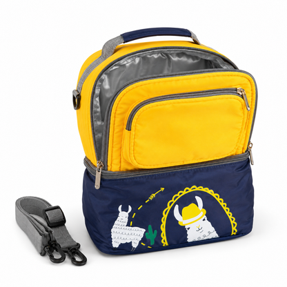 Yellow and navy insulated lunch carry bag detail shot with strap on white background