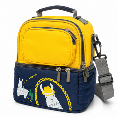 Yellow and navy insulated lunch carry bag front pocket and llama print product photo on white background
