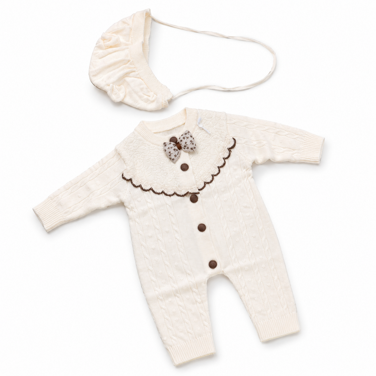 Ivory cable knit baby romper set with matching bonnet dimensional product view