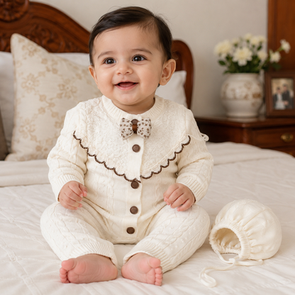 Baby wearing ivory cable knit romper in a warm Pakistani home setting