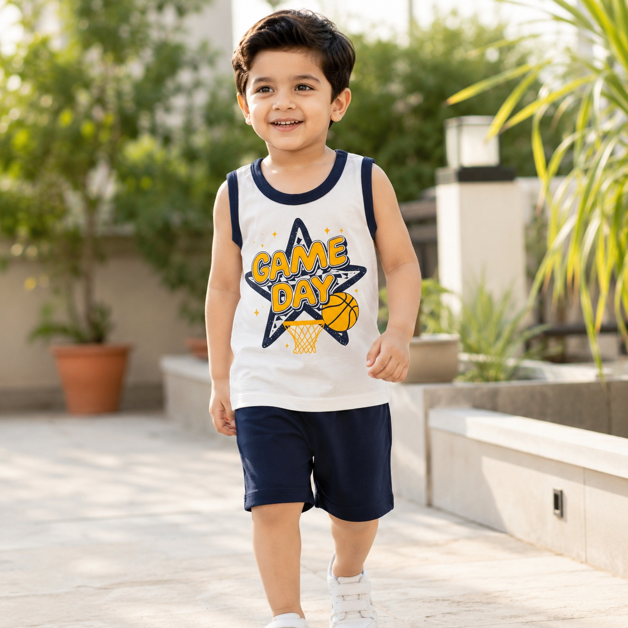 Pakistani child wearing kids game day sleeveless shirt and shorts set in garden
