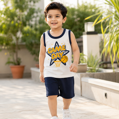 Pakistani child wearing kids game day sleeveless shirt and shorts set in garden