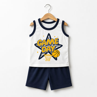 Kids game day sleeveless shirt and shorts set on hanger