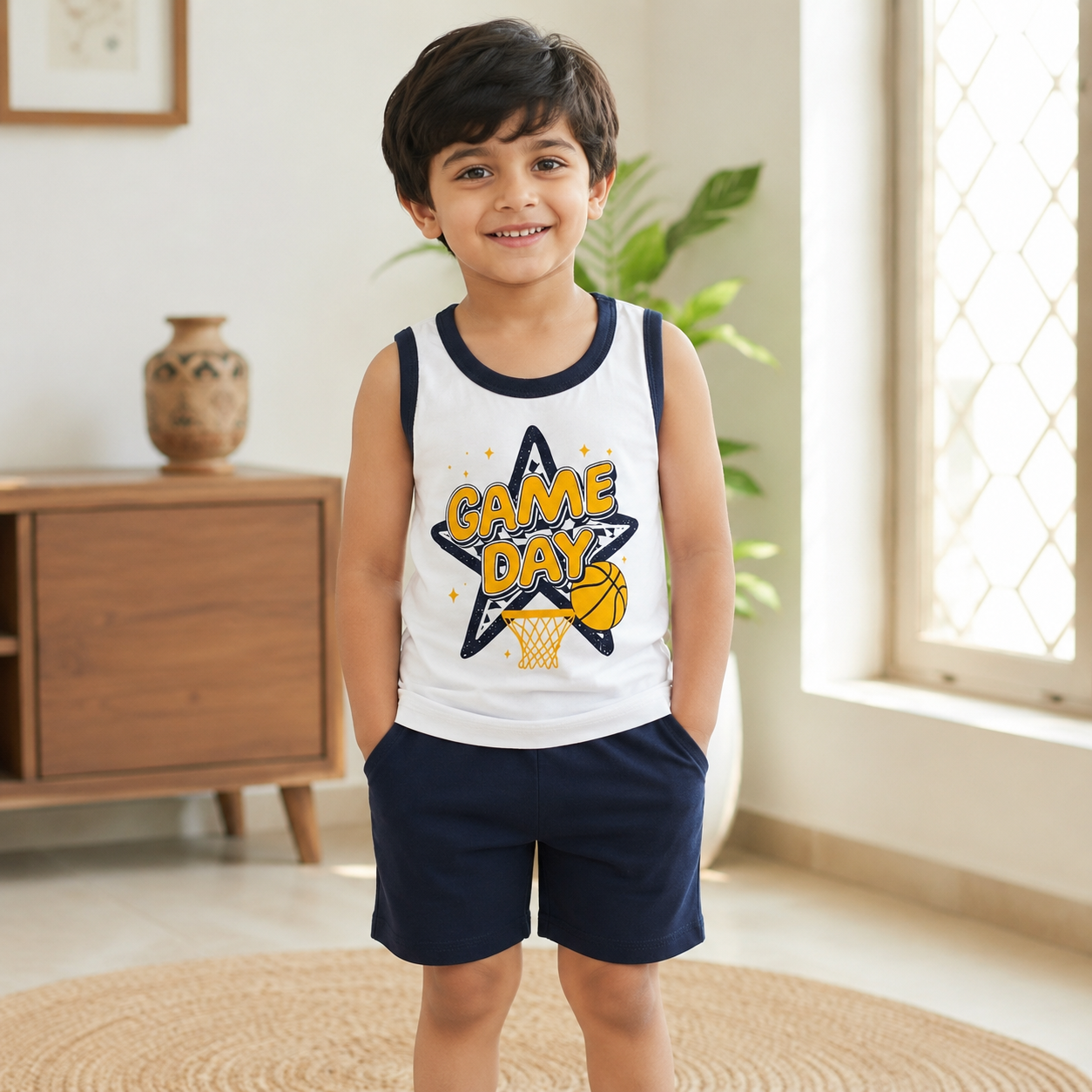 Pakistani child wearing kids game day sleeveless shirt and shorts set at home