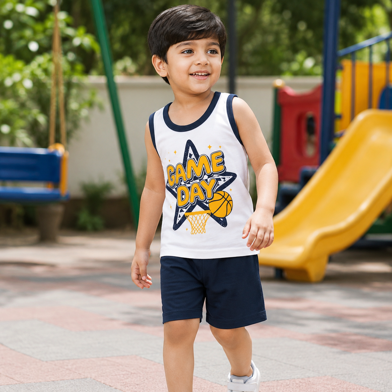 Pakistani child wearing kids game day sleeveless shirt and shorts set at playground