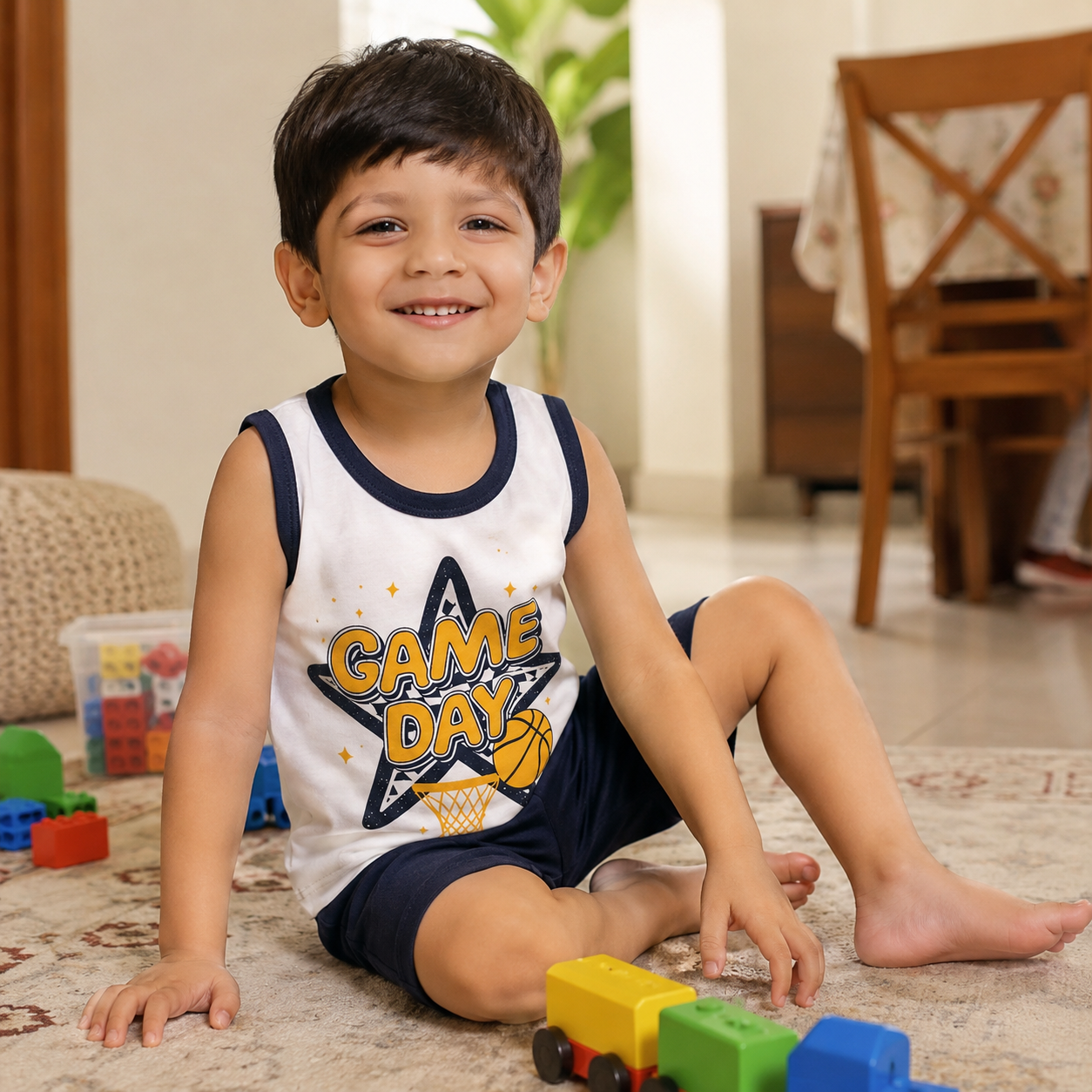 Pakistani child wearing kids game day sleeveless shirt and shorts set while playing indoors