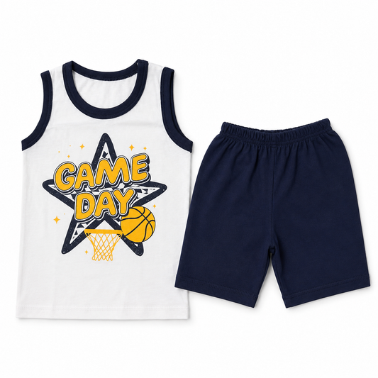 Kids game day sleeveless shirt and shorts set on white background