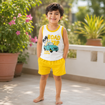 Pakistani child wearing kids road trip sleeveless shirt and shorts set in garden