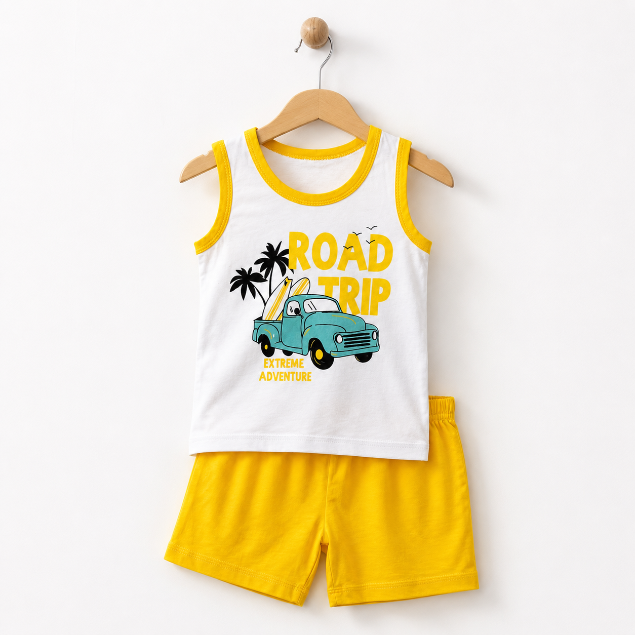 Kids road trip sleeveless shirt and shorts set on hanger