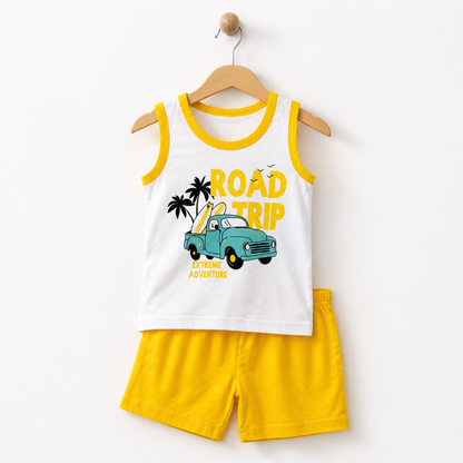 Kids road trip sleeveless shirt and shorts set on hanger