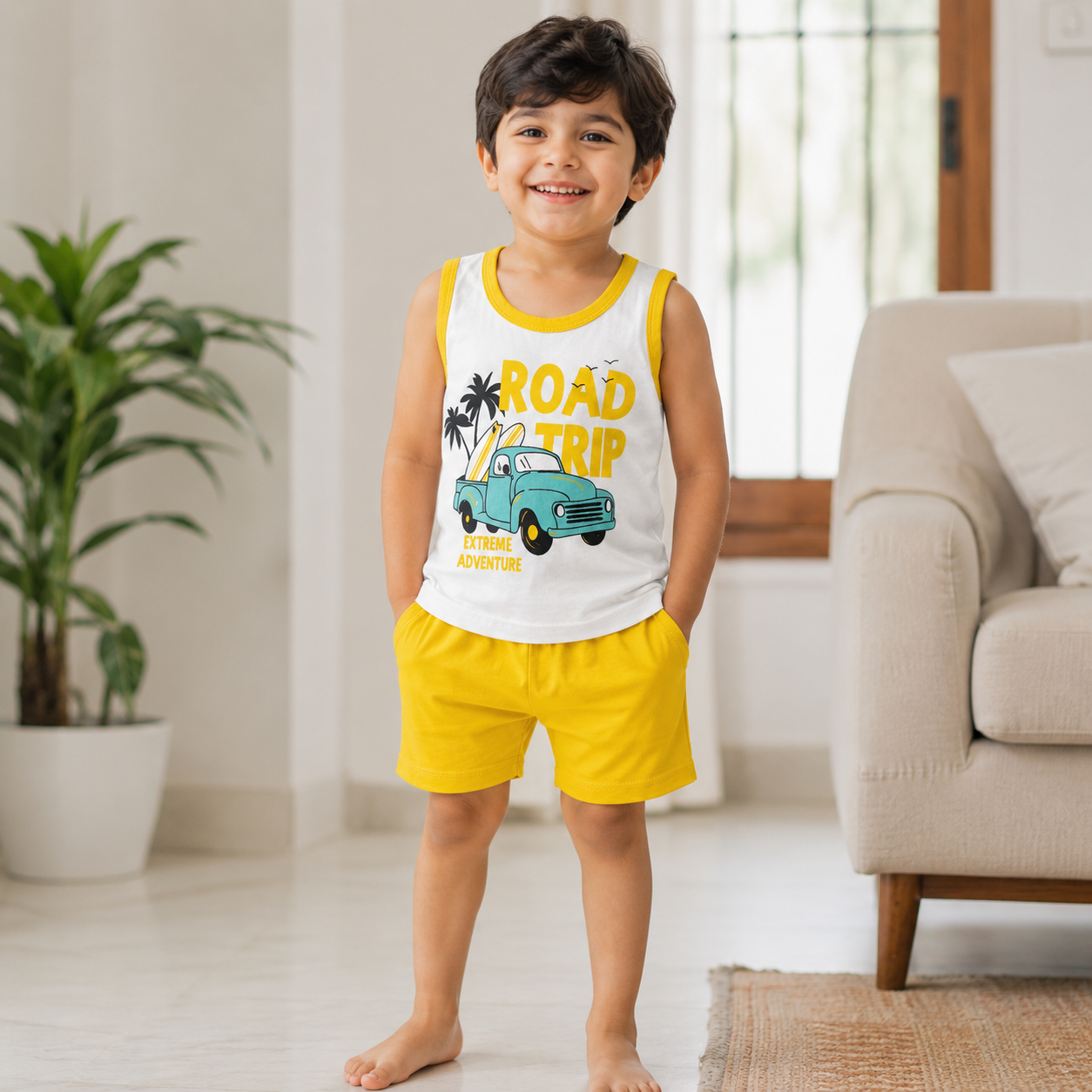 Pakistani child wearing kids road trip sleeveless shirt and shorts set at home